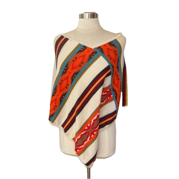 Sol Alpaca Poncho OS Womens Andgyle Orange Cream Striped Pullover Baby Alpaca - Picture 3 of 8